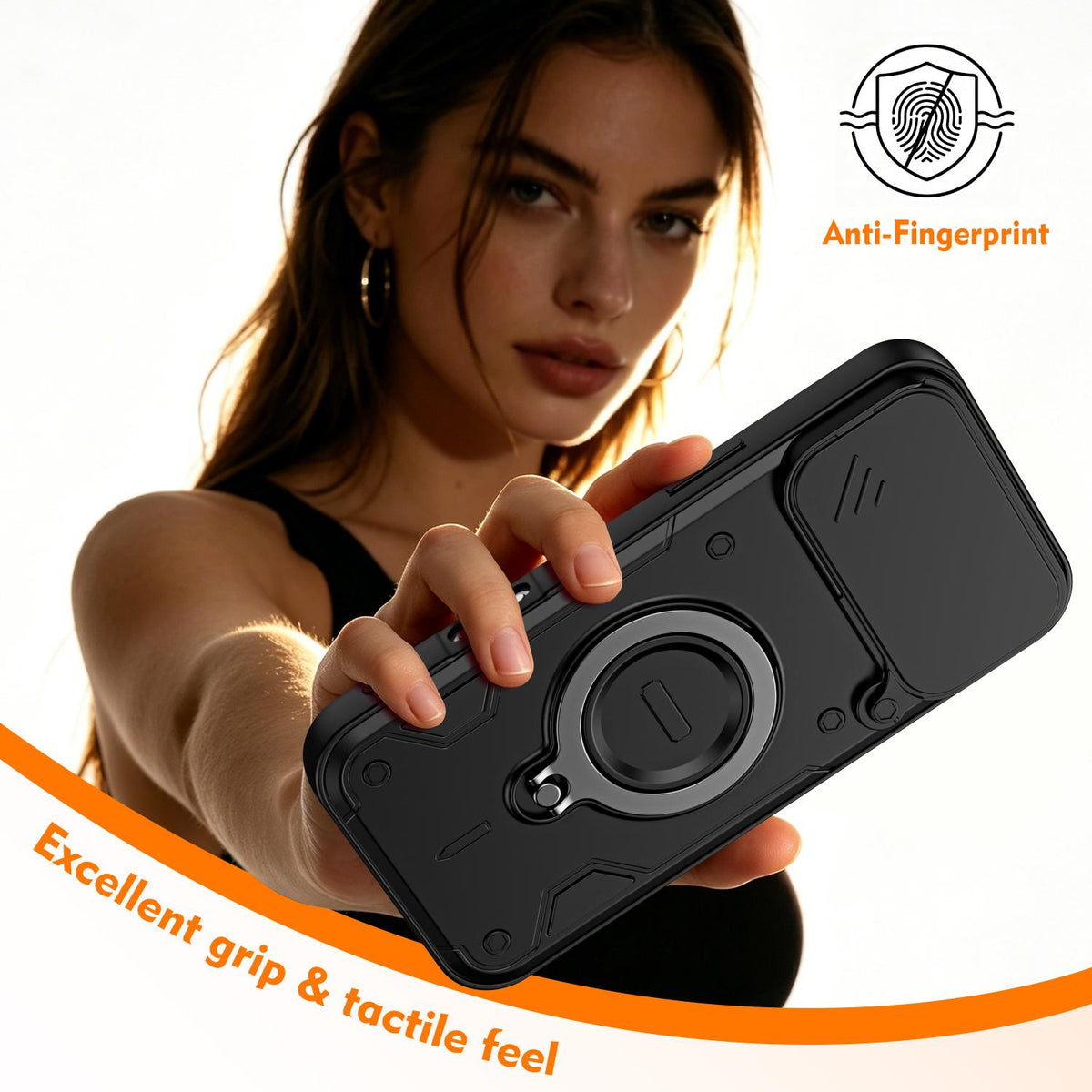 For iPhone 17 Pro Max Ring Holder Lens Slide Cover Phone Case - Black - EDA009734301C