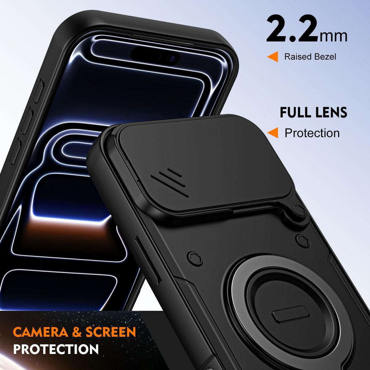 For iPhone 17 Pro Max Ring Holder Lens Slide Cover Phone Case - Black - EDA009734301C