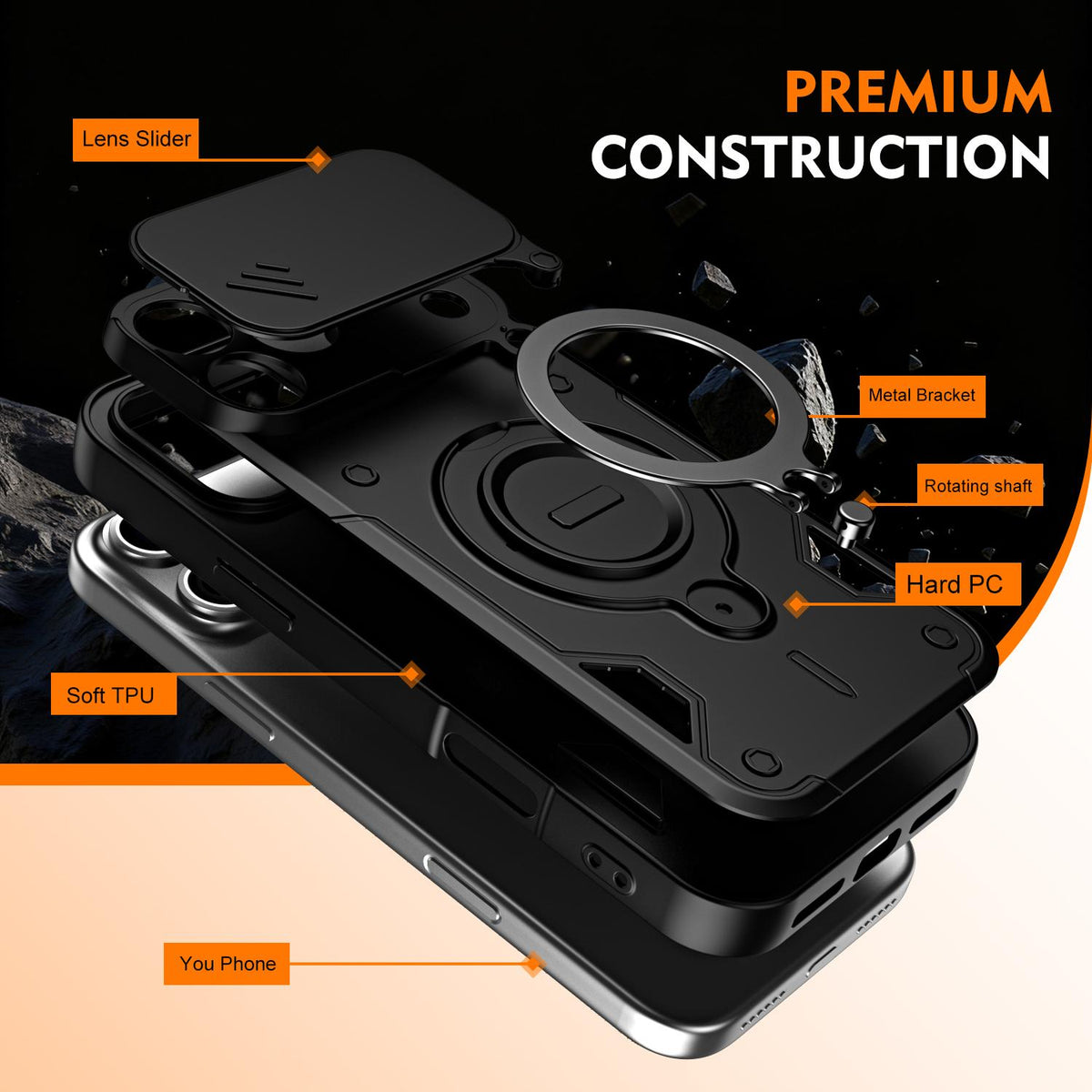 For iPhone 17 Pro Max Ring Holder Lens Slide Cover Phone Case - Black - EDA009734301C