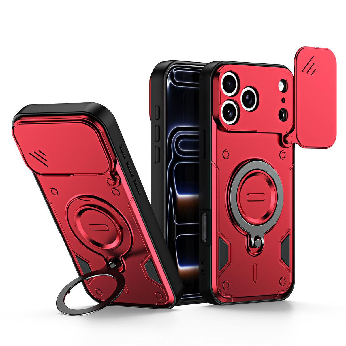 For iPhone 17 Pro Max Ring Holder Lens Slide Cover Phone Case - Red - EDA009734301D