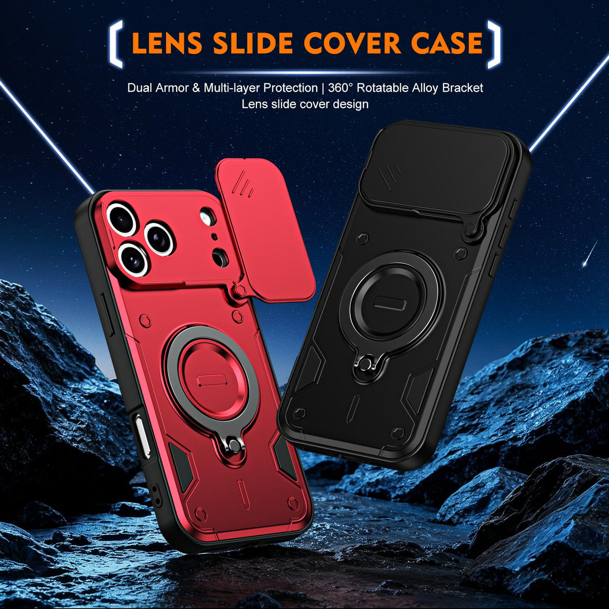 For iPhone 17 Pro Max Ring Holder Lens Slide Cover Phone Case - Red - EDA009734301D