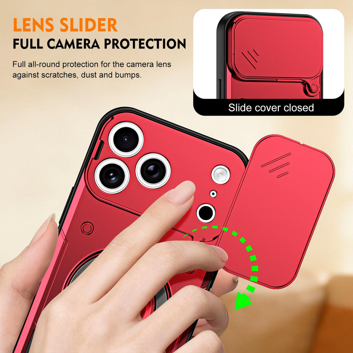 For iPhone 17 Pro Max Ring Holder Lens Slide Cover Phone Case - Red - EDA009734301D