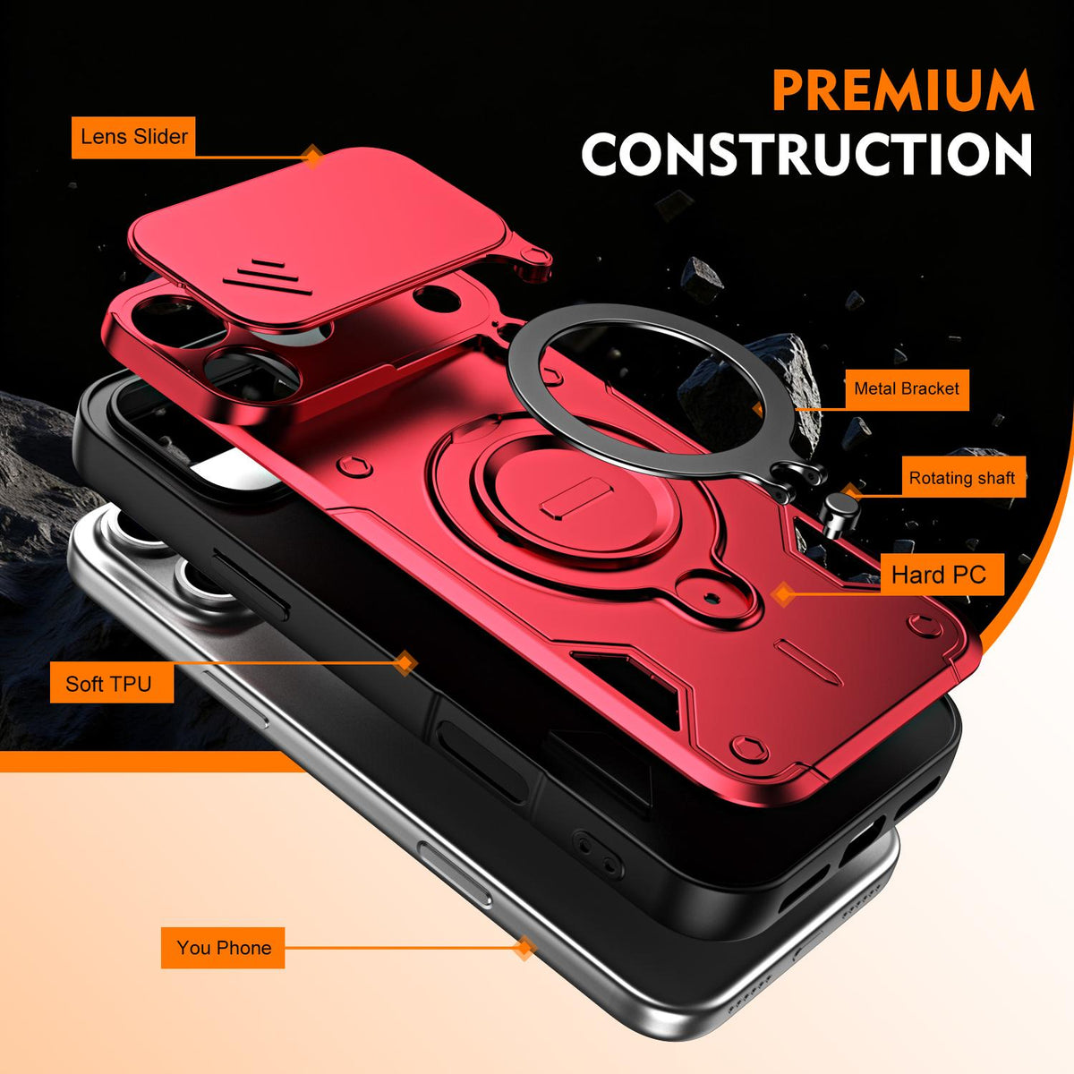 For iPhone 17 Pro Max Ring Holder Lens Slide Cover Phone Case - Red - EDA009734301D