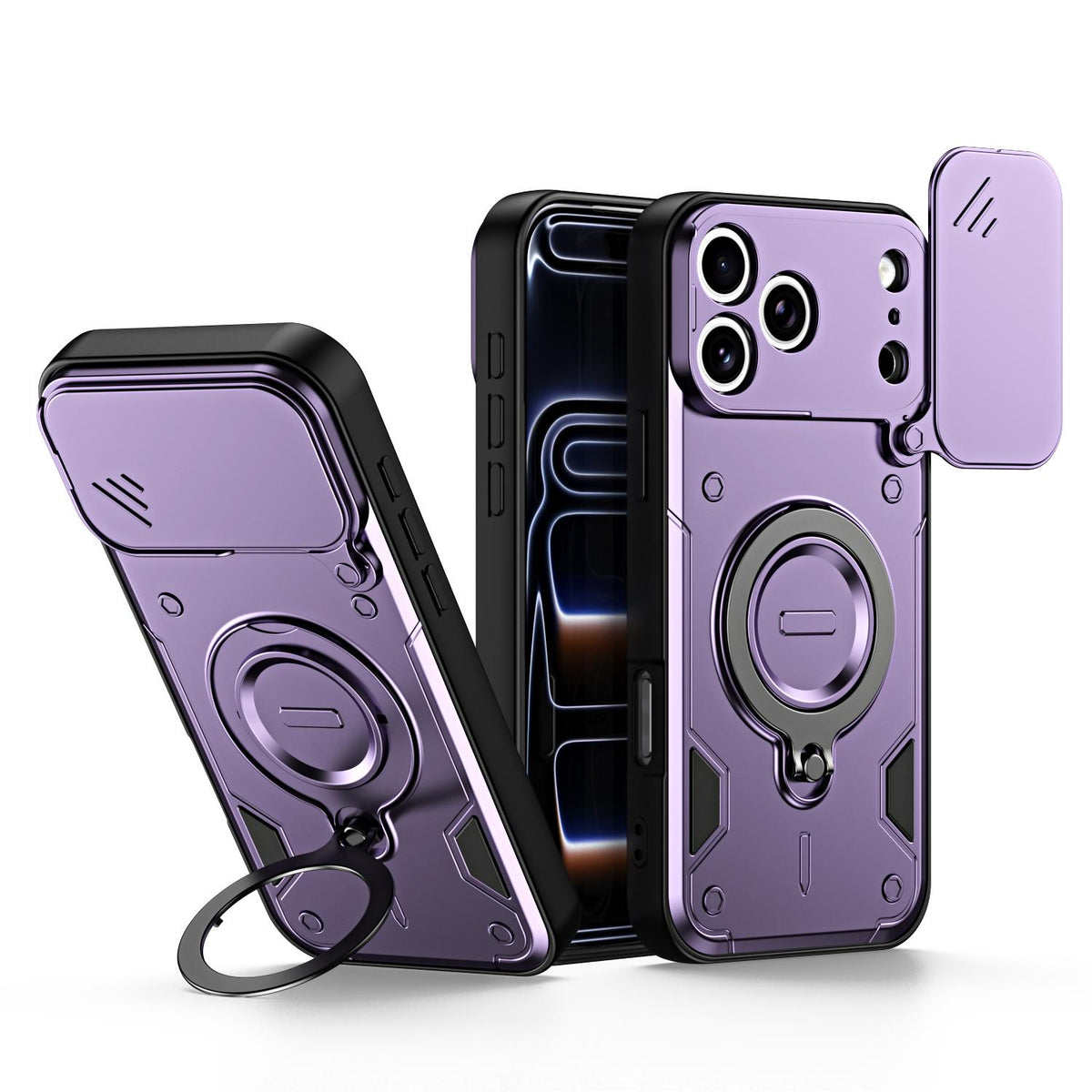 For iPhone 17 Pro Max Ring Holder Lens Slide Cover Phone Case - Purple - EDA009734301E