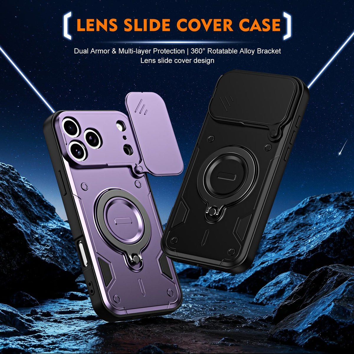 For iPhone 17 Pro Max Ring Holder Lens Slide Cover Phone Case - Purple - EDA009734301E