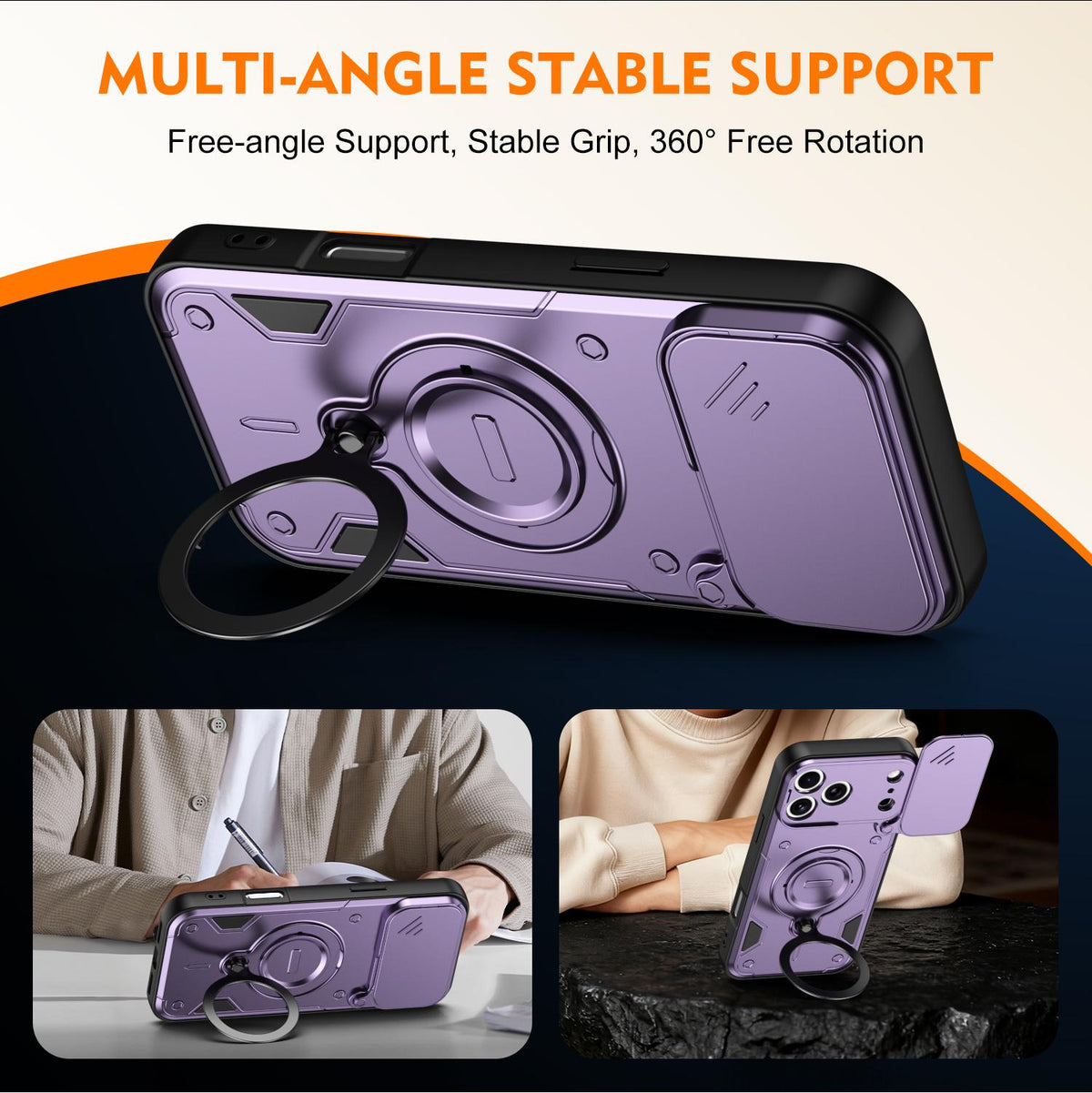 For iPhone 17 Pro Max Ring Holder Lens Slide Cover Phone Case - Purple - EDA009734301E