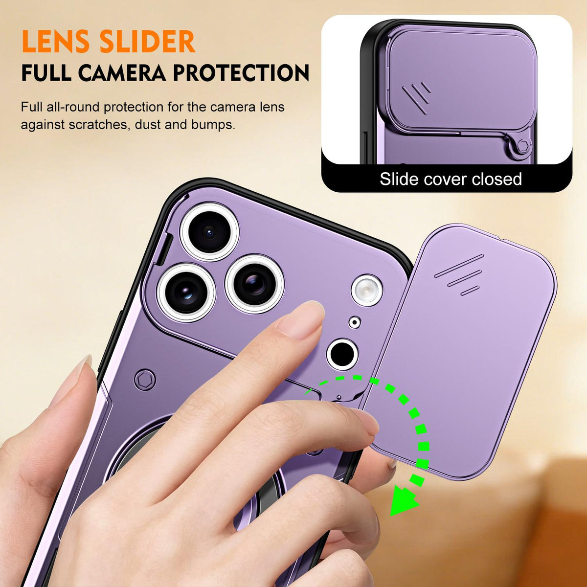 For iPhone 17 Pro Max Ring Holder Lens Slide Cover Phone Case - Purple - EDA009734301E