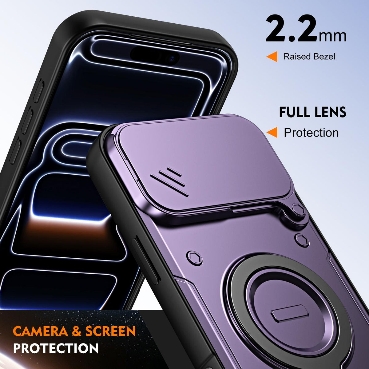 For iPhone 17 Pro Max Ring Holder Lens Slide Cover Phone Case - Purple - EDA009734301E