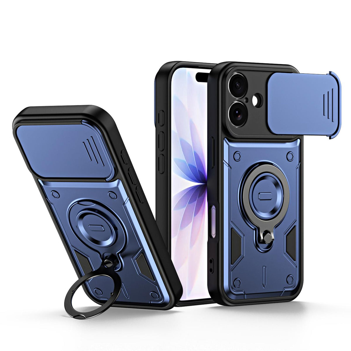 For iPhone 17 Ring Holder Lens Slide Cover Phone Case - Blue - EDA009734303B
