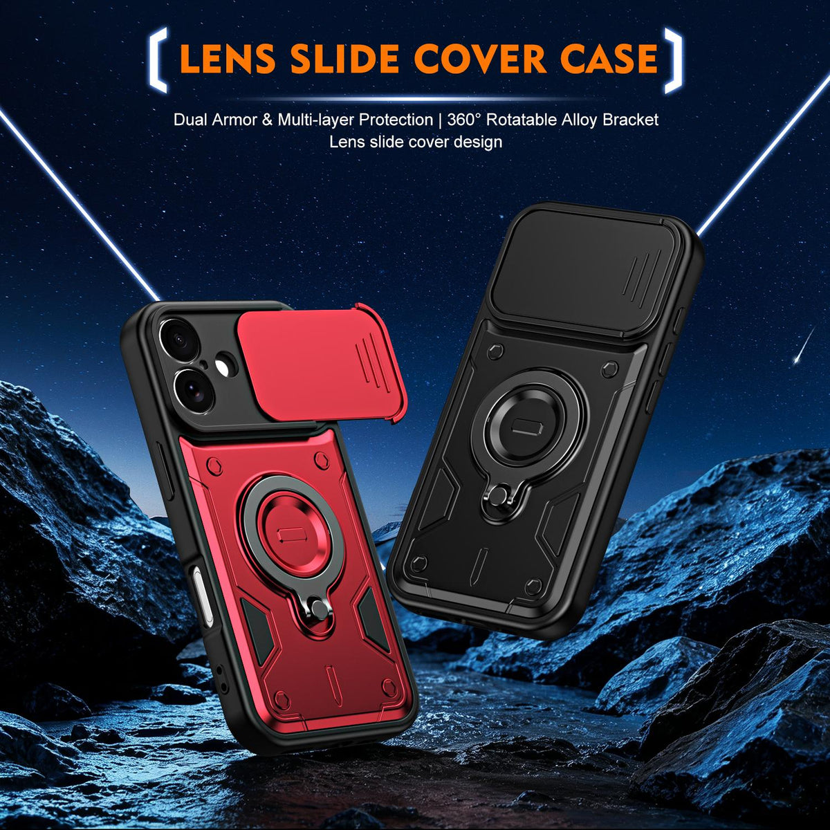 For iPhone 17 Ring Holder Lens Slide Cover Phone Case - Blue - EDA009734303B
