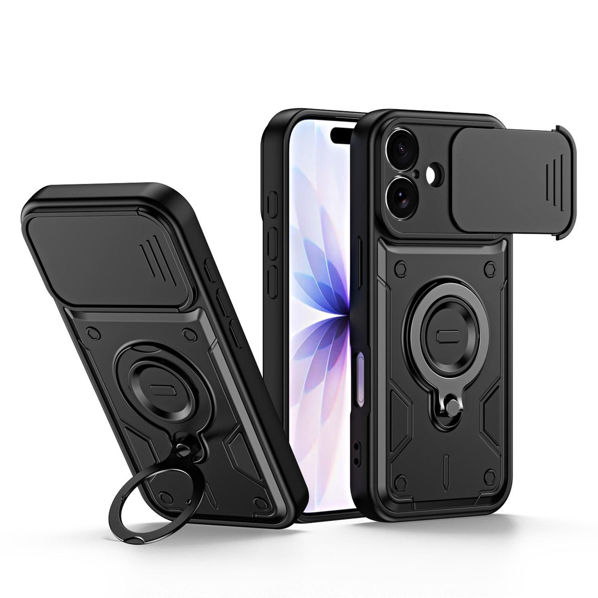 For iPhone 17 Ring Holder Lens Slide Cover Phone Case - Black - EDA009734303C