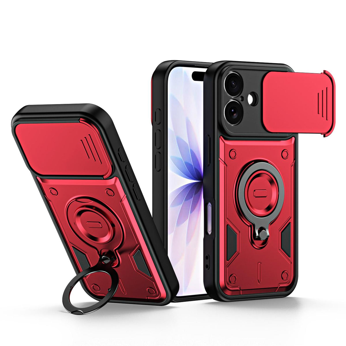 For iPhone 17 Ring Holder Lens Slide Cover Phone Case - Red - EDA009734303D