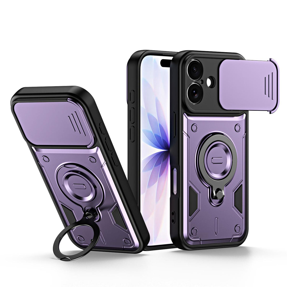 For iPhone 17 Ring Holder Lens Slide Cover Phone Case - Purple - EDA009734303E