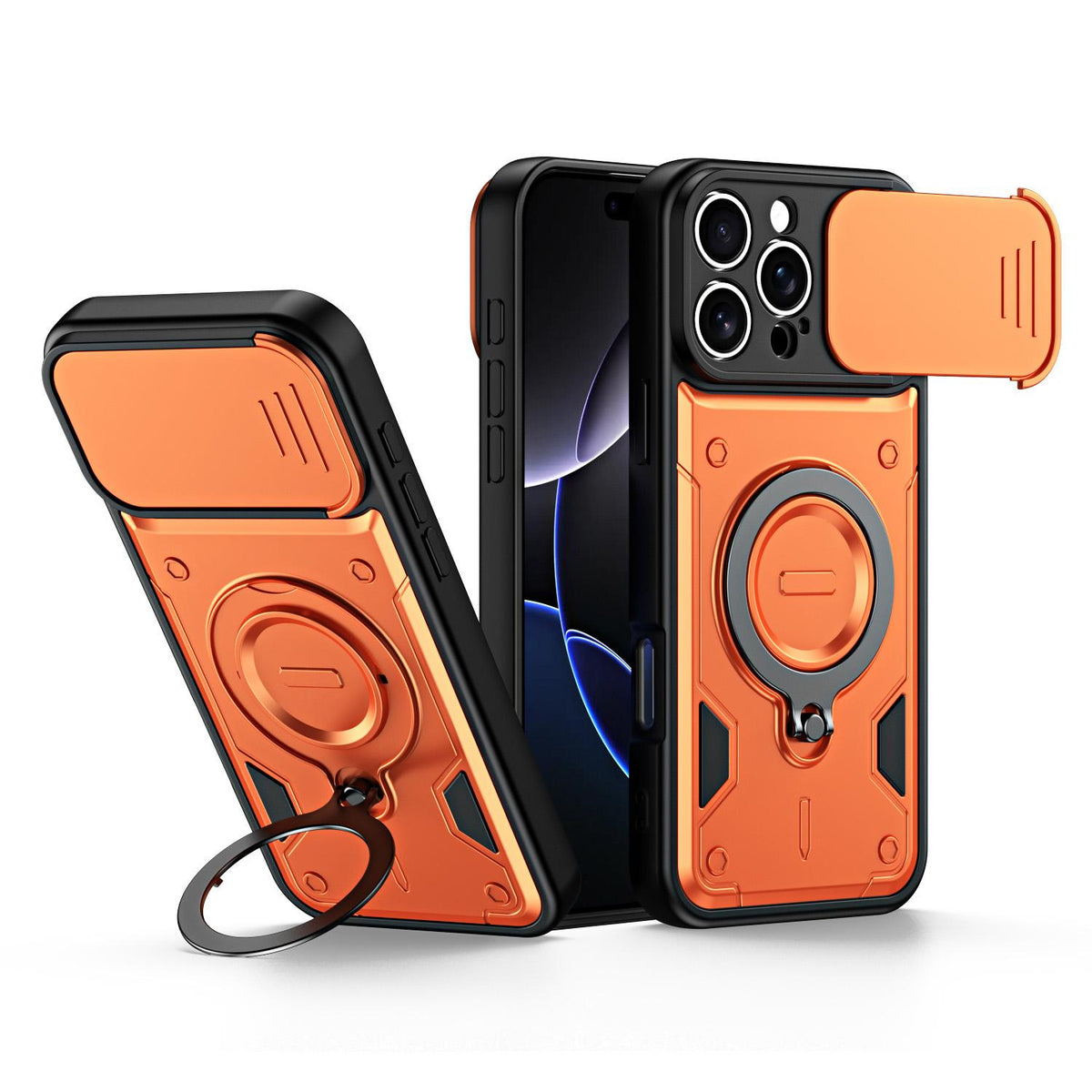 For iPhone 16 Pro Ring Holder Lens Slide Cover Phone Case - Orange - EDA009734305A