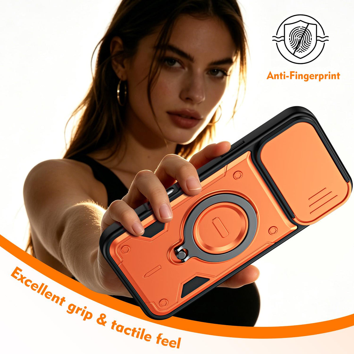 For iPhone 16 Pro Ring Holder Lens Slide Cover Phone Case - Orange - EDA009734305A