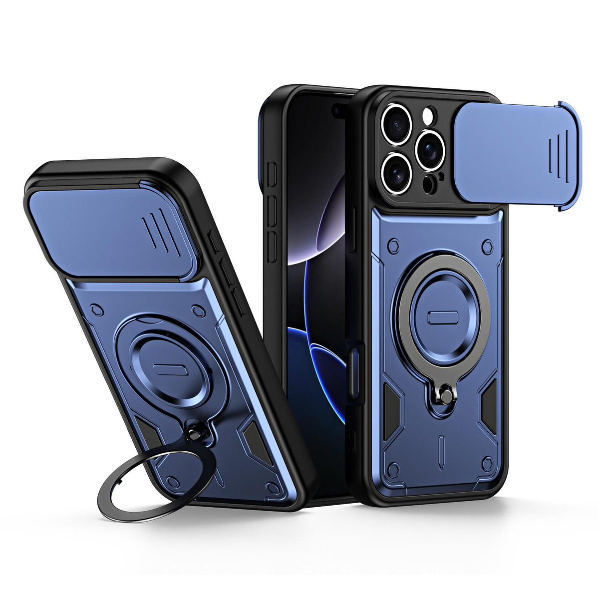 For iPhone 16 Pro Ring Holder Lens Slide Cover Phone Case - Blue - EDA009734305B