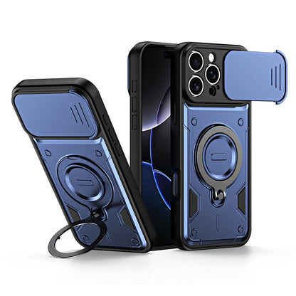 For iPhone 16 Pro Ring Holder Lens Slide Cover Phone Case - Blue - EDA009734305B