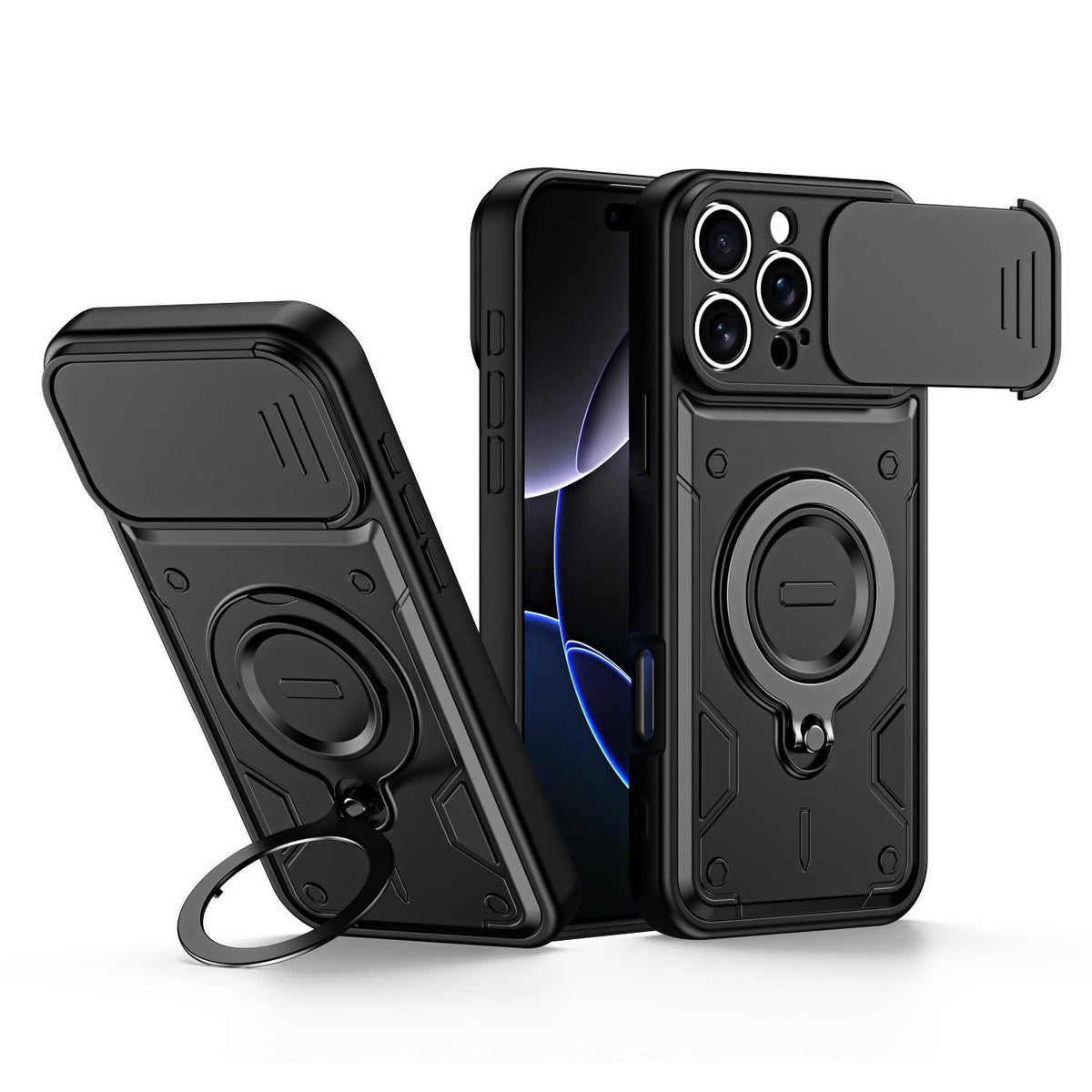 For iPhone 16 Pro Ring Holder Lens Slide Cover Phone Case - Black - EDA009734305C