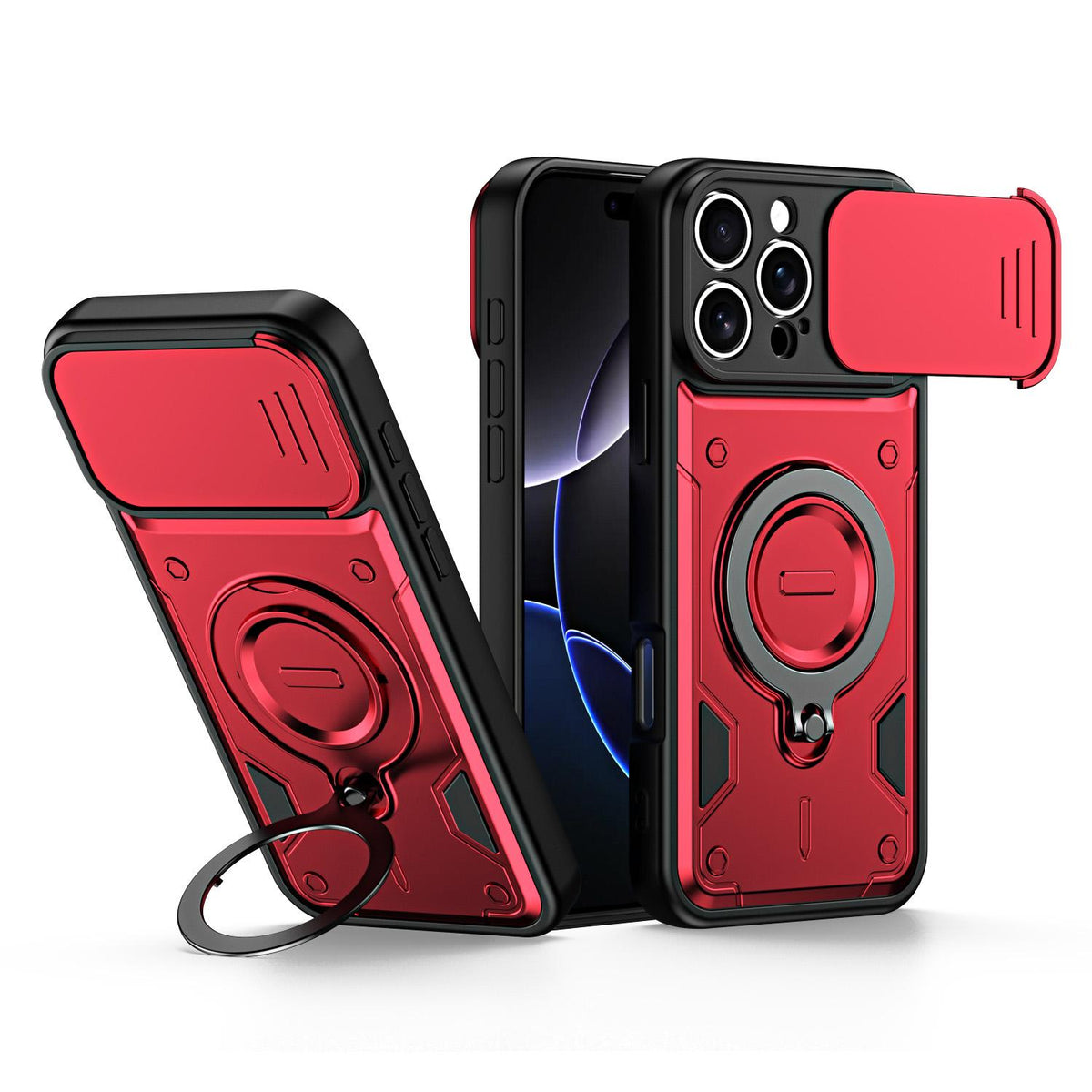 For iPhone 16 Pro Ring Holder Lens Slide Cover Phone Case - Red - EDA009734305D