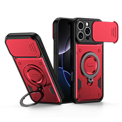 For iPhone 16 Pro Ring Holder Lens Slide Cover Phone Case - Red - EDA009734305D