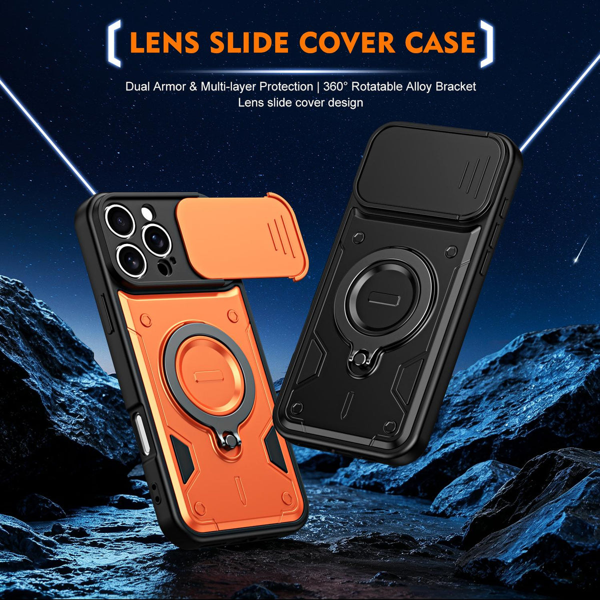 For iPhone 16 Pro Ring Holder Lens Slide Cover Phone Case - Red - EDA009734305D
