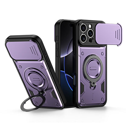 For iPhone 16 Pro Ring Holder Lens Slide Cover Phone Case - Purple - EDA009734305E