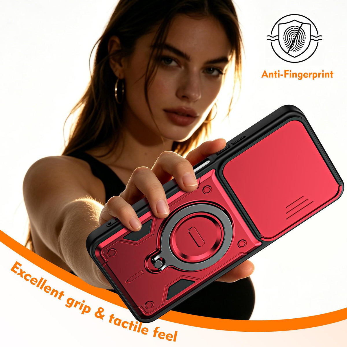 For Itel A100 4G Ring Holder Lens Slide Cover Phone Case - Orange - EDA009734801A