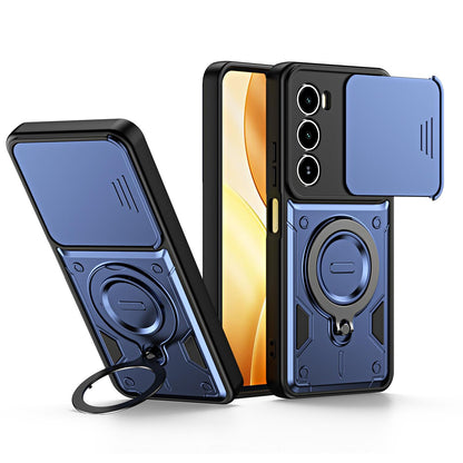 For Itel A100 4G Ring Holder Lens Slide Cover Phone Case - Blue - EDA009734801B