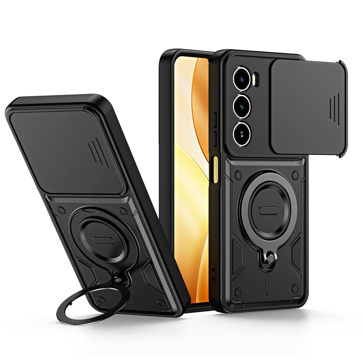 For Itel A100 4G Ring Holder Lens Slide Cover Phone Case - Black - EDA009734801C