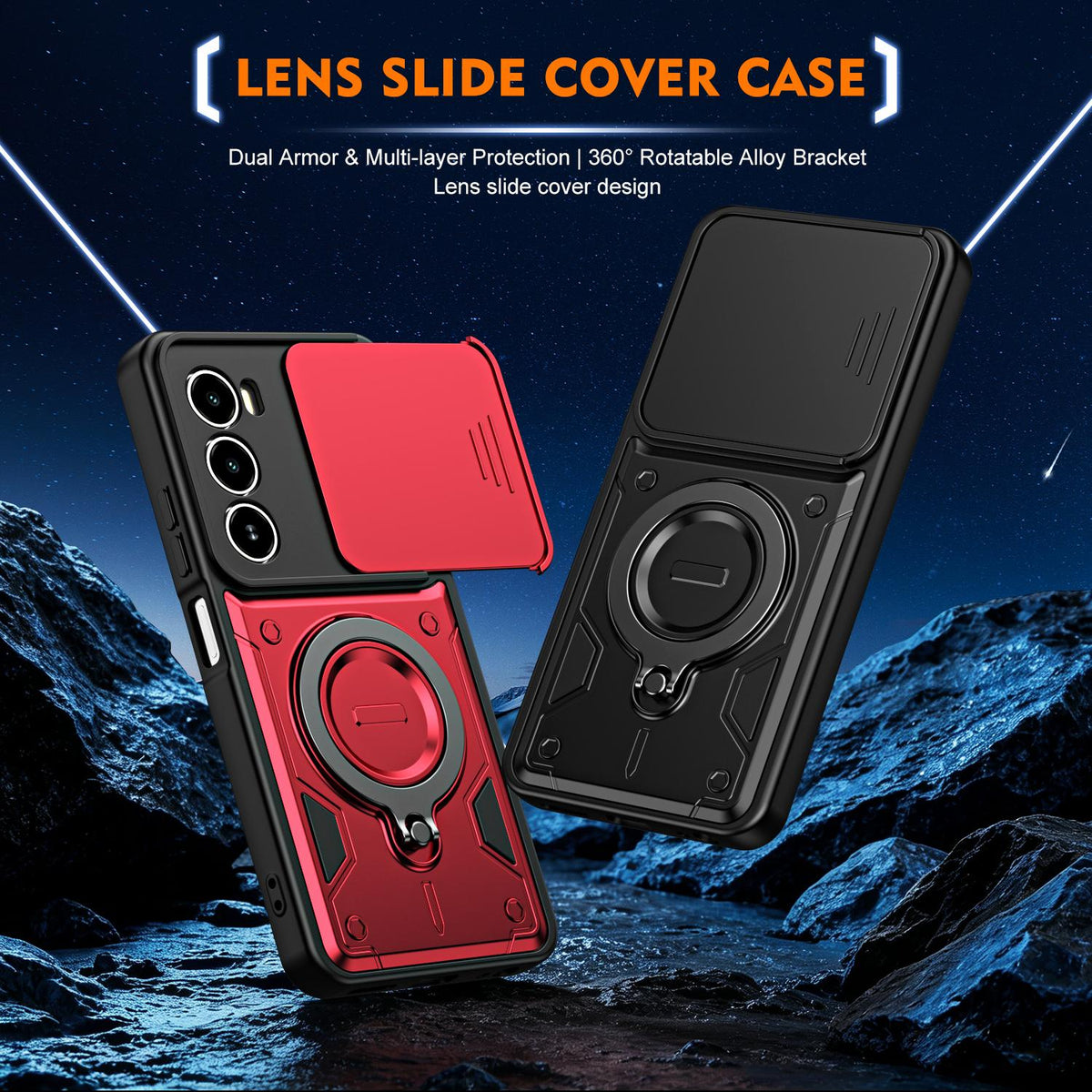 For Itel A100 4G Ring Holder Lens Slide Cover Phone Case - Black - EDA009734801C