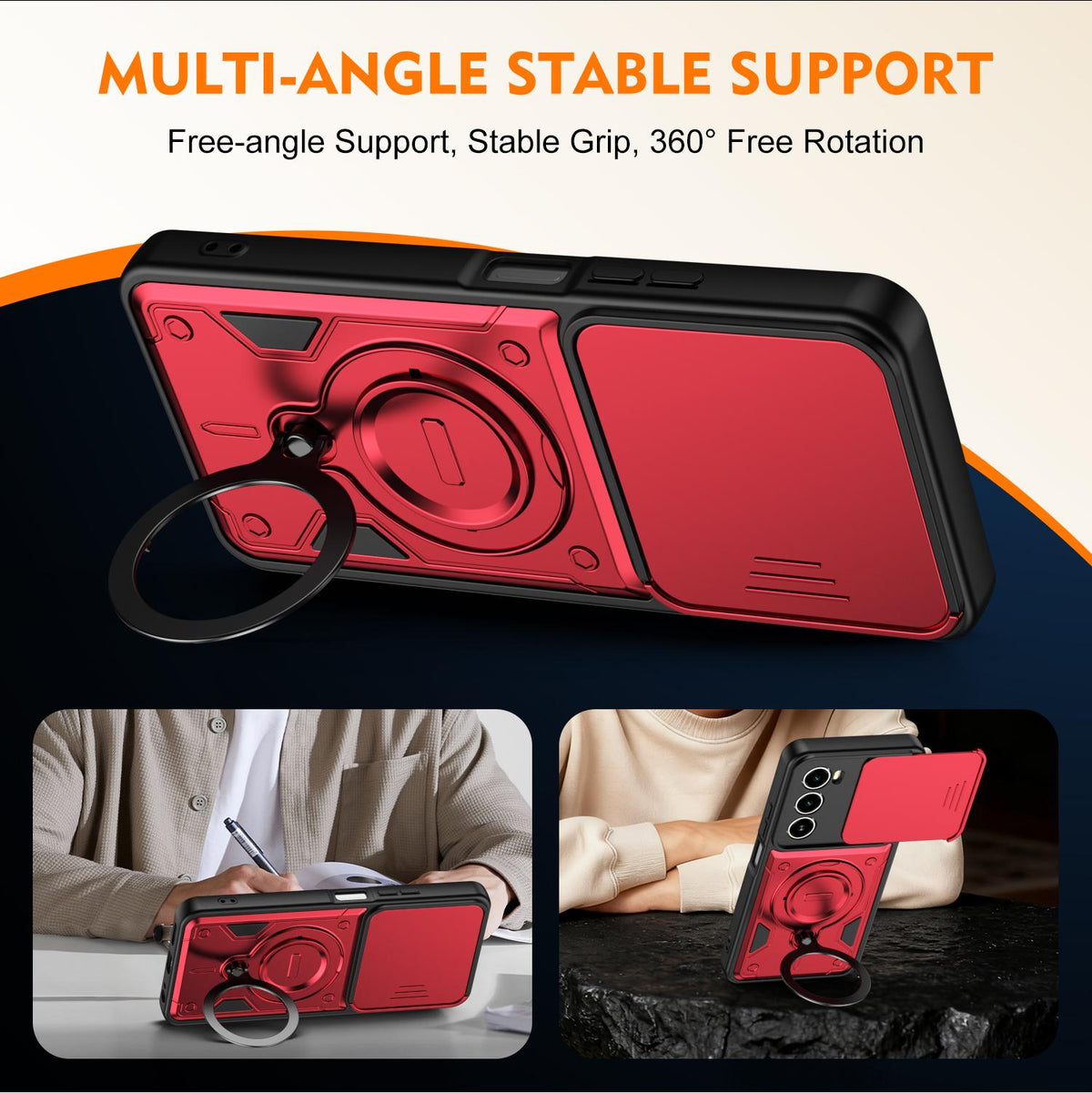 For Itel A100 4G Ring Holder Lens Slide Cover Phone Case - Black - EDA009734801C