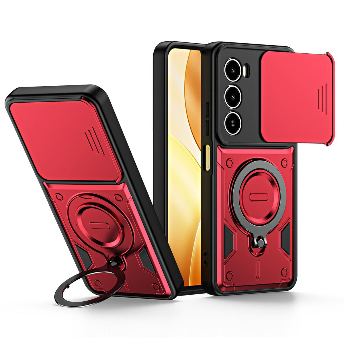 For Itel A100 4G Ring Holder Lens Slide Cover Phone Case - Red - EDA009734801D