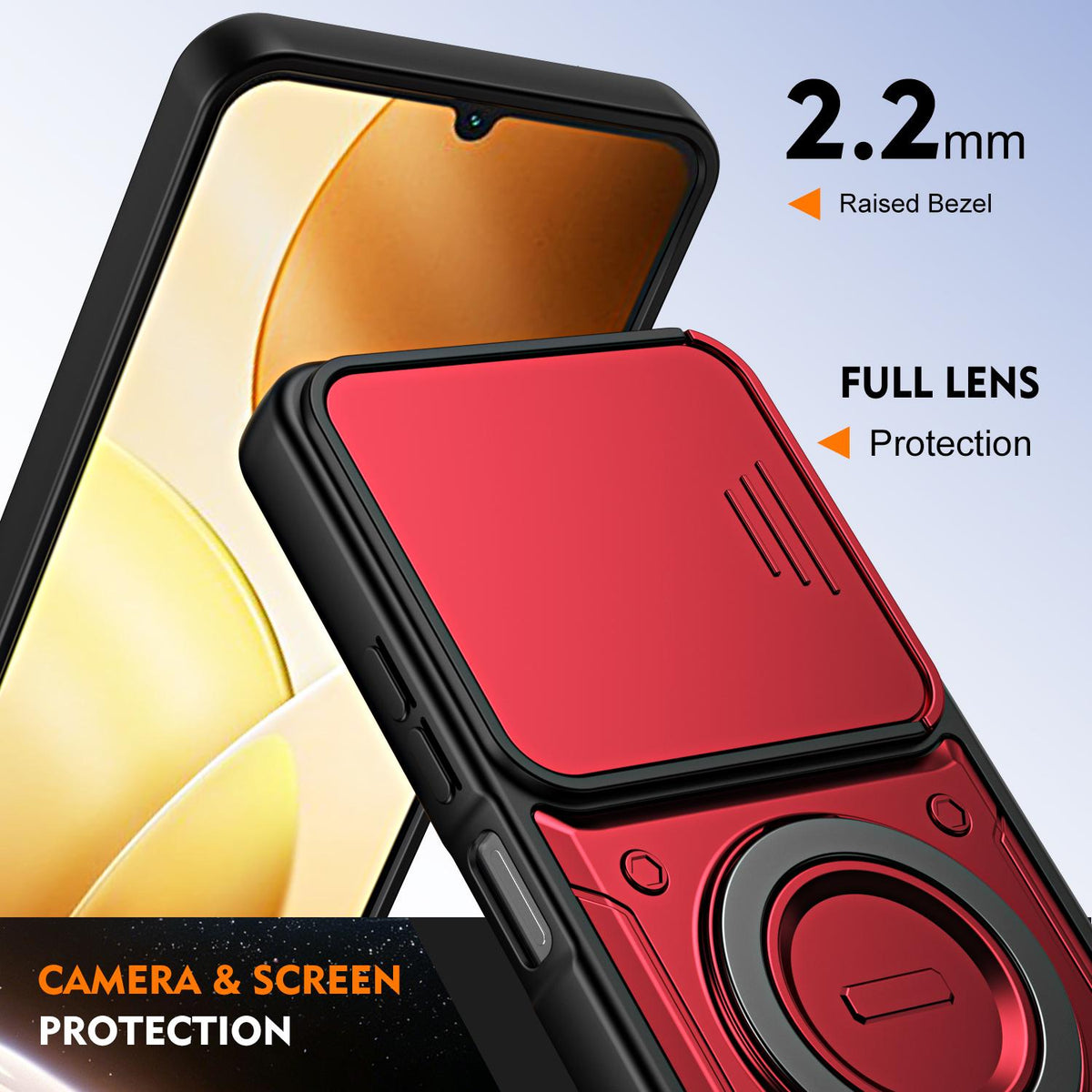 For Itel A100 4G Ring Holder Lens Slide Cover Phone Case - Red - EDA009734801D