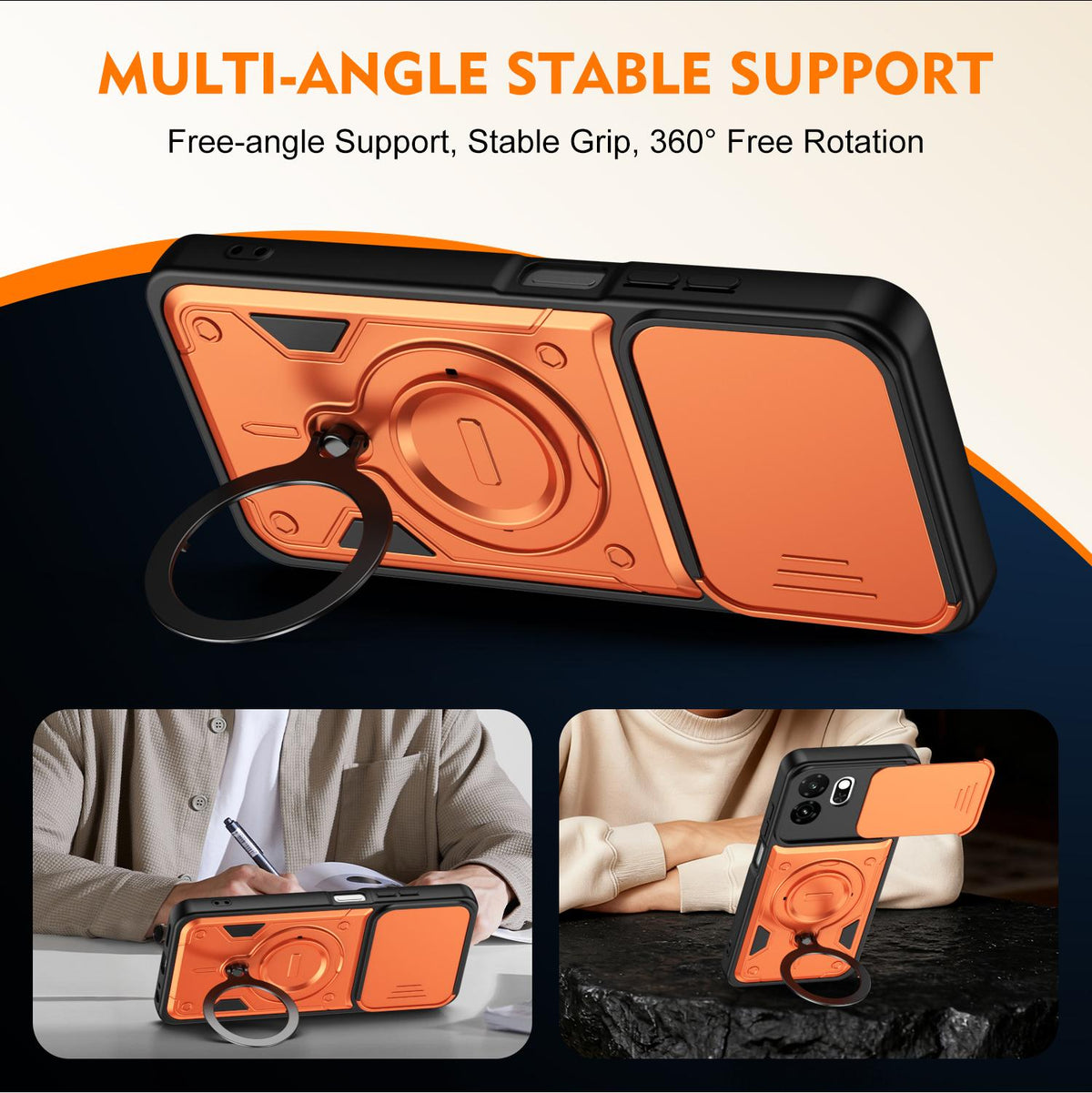For Itel A100C 4G Ring Holder Lens Slide Cover Phone Case - Orange - EDA009734802A