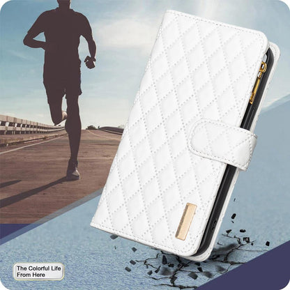 For Redmi Note 17 4G Global 171mm Diamond Lattice Zipper Wallet Leather Flip Phone Case(White)