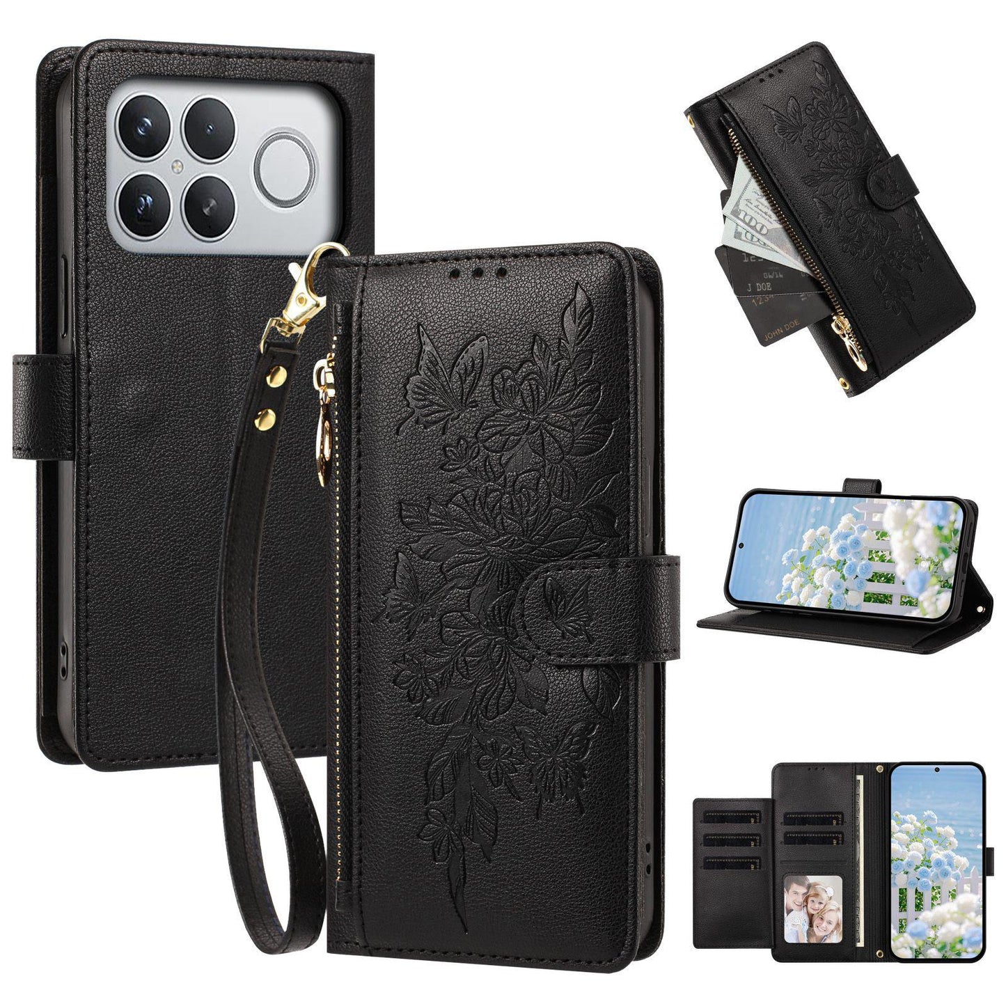For Redmi K90 Pro Max / Poco F8 Ultra Butterfly Flower Zipper Wallet Vegan Leather Phone Case with Strap(Black)