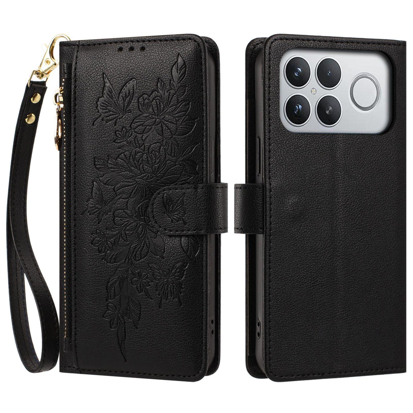 For Redmi K90 Pro Max / Poco F8 Ultra Butterfly Flower Zipper Wallet Vegan Leather Phone Case with Strap(Black)