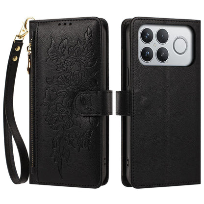 For Redmi K90 Pro Max / Poco F8 Ultra Butterfly Flower Zipper Wallet Vegan Leather Phone Case with Strap(Black)