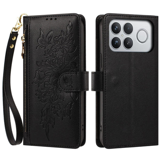 For Redmi K90 Pro Max / Poco F8 Ultra Butterfly Flower Zipper Wallet Vegan Leather Phone Case with Strap(Black)