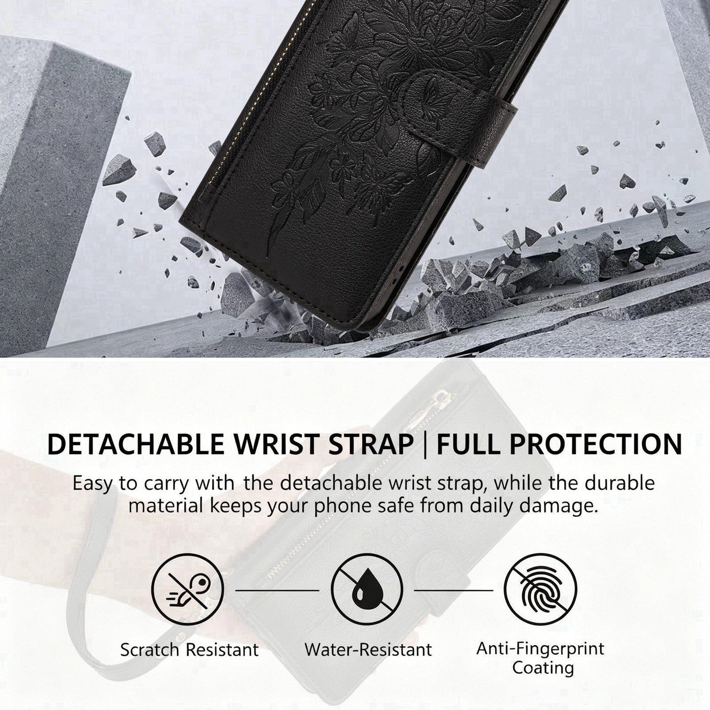 For Redmi K90 Pro Max / Poco F8 Ultra Butterfly Flower Zipper Wallet Vegan Leather Phone Case with Strap(Black)
