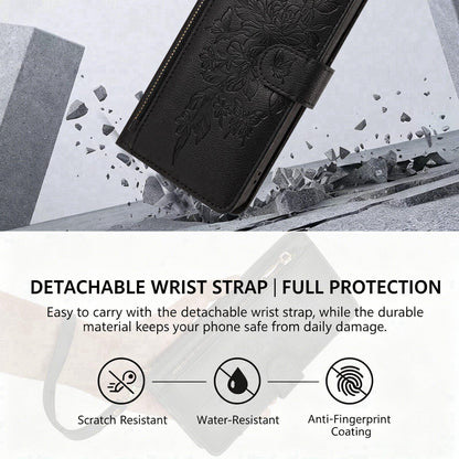 For Redmi K90 Pro Max / Poco F8 Ultra Butterfly Flower Zipper Wallet Vegan Leather Phone Case with Strap(Black)