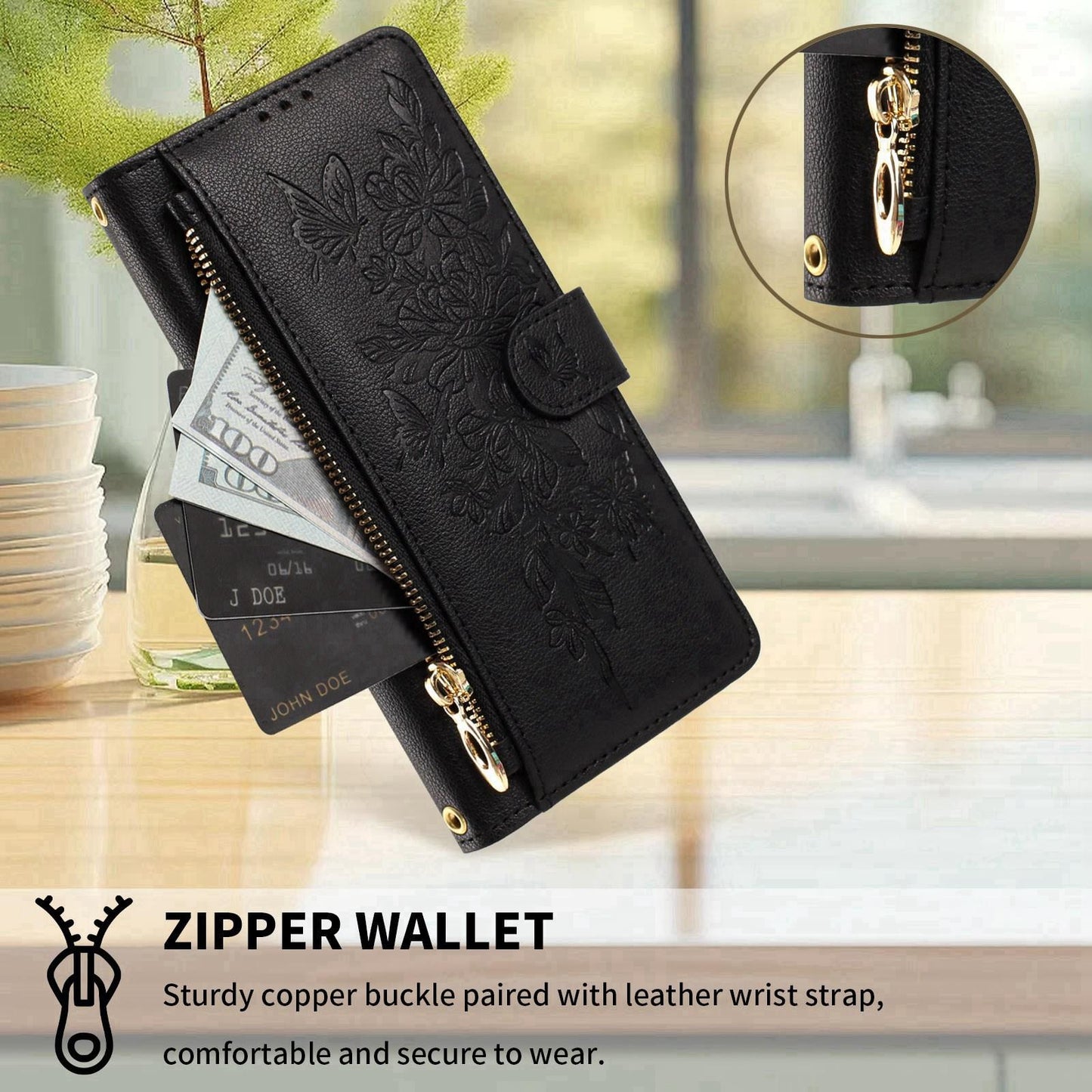 For Redmi K90 Pro Max / Poco F8 Ultra Butterfly Flower Zipper Wallet Vegan Leather Phone Case with Strap(Black)