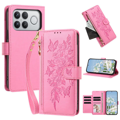 For Redmi K90 Pro Max / Poco F8 Ultra Butterfly Flower Zipper Wallet Vegan Leather Phone Case with Strap(Pink)