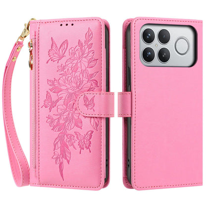 For Redmi K90 Pro Max / Poco F8 Ultra Butterfly Flower Zipper Wallet Vegan Leather Phone Case with Strap(Pink)