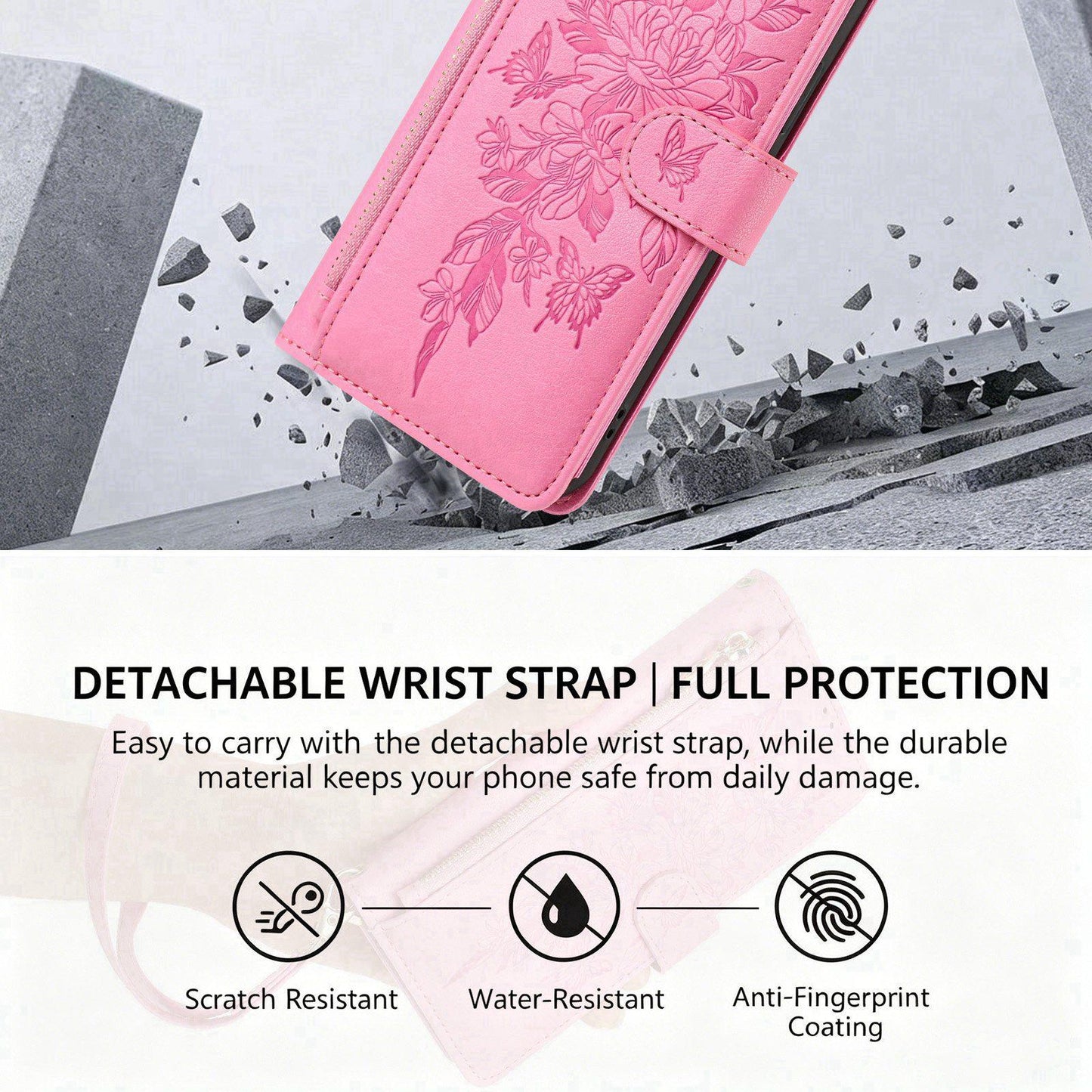 For Redmi K90 Pro Max / Poco F8 Ultra Butterfly Flower Zipper Wallet Vegan Leather Phone Case with Strap(Pink)