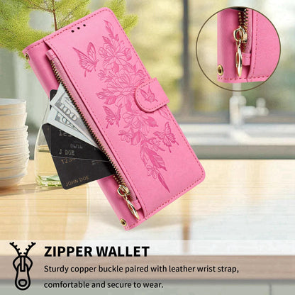 For Redmi K90 Pro Max / Poco F8 Ultra Butterfly Flower Zipper Wallet Vegan Leather Phone Case with Strap(Pink)
