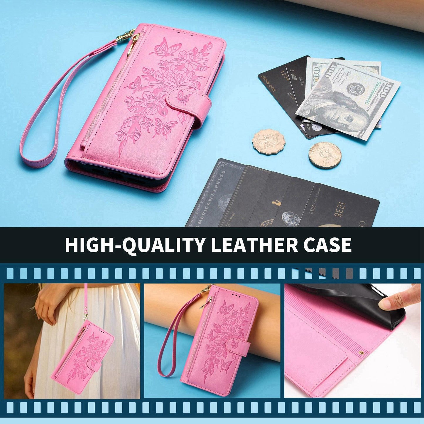 For Redmi K90 Pro Max / Poco F8 Ultra Butterfly Flower Zipper Wallet Vegan Leather Phone Case with Strap(Pink)