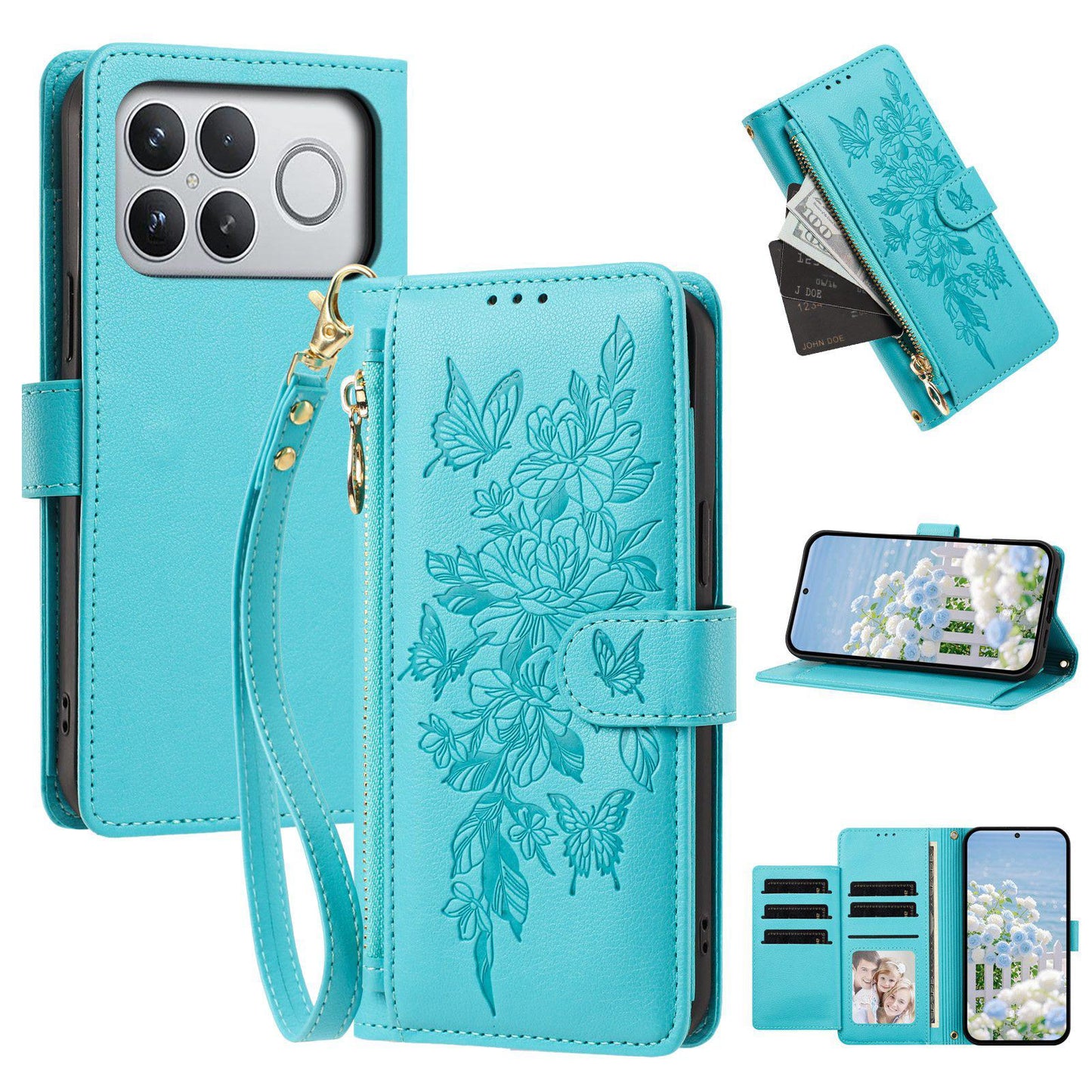 For Redmi K90 Pro Max / Poco F8 Ultra Butterfly Flower Zipper Wallet Vegan Leather Phone Case with Strap(Lake Blue)