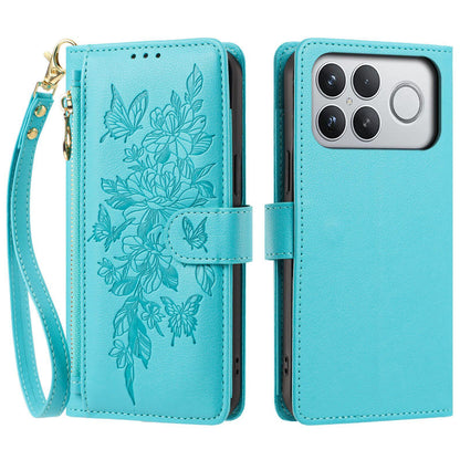For Redmi K90 Pro Max / Poco F8 Ultra Butterfly Flower Zipper Wallet Vegan Leather Phone Case with Strap(Lake Blue)