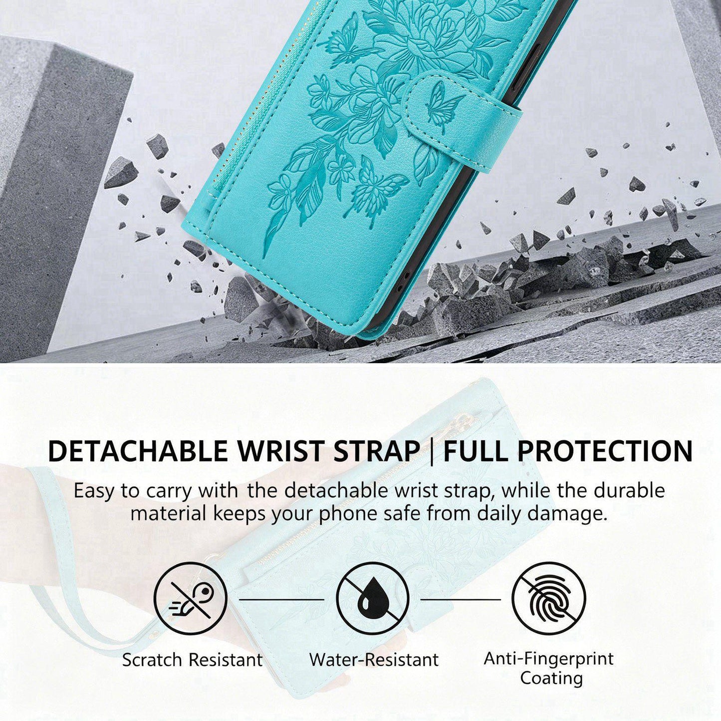For Redmi K90 Pro Max / Poco F8 Ultra Butterfly Flower Zipper Wallet Vegan Leather Phone Case with Strap(Lake Blue)